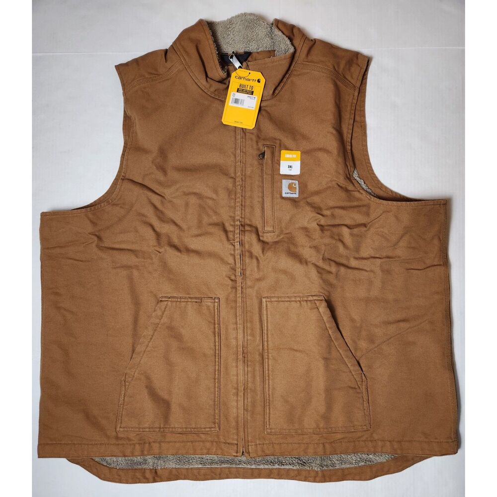 Carhartt Washed Duck Sherpa‑Lined Mock‑Neck Vest Brown 3XL Tall Loose Fit